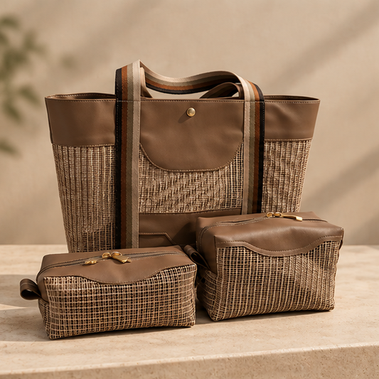 Bolsa Feminina com 2 Nécessaires Marrons Elegantes para Viagem Praia e Dia a Dia