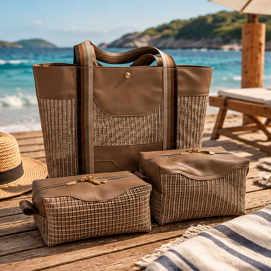 Bolsa Feminina com 2 Nécessaires Marrons Elegantes para Viagem Praia e Dia a Dia